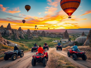 Kapadokya ATV Turu: Macera ve Doğa ile Dolu Bir Deneyim Kapadokya'nın benzersiz güzelliklerini keşfetmek için en heyecan verici yollarından biri ATV turlarıdır. Kapadokya ATV turu, sizi muhteşem peri bacaları, tarihi yerler ve büyüleyici vadiler arasında bir maceraya davet ediyor. Bu turlar, hem deneyimli sürücüler hem de yeni başlayanlar için uygundur, böylece herkes bu eşsiz deneyimin tadını çıkarabilir. ATV sunset turu ile gün batımının büyüsünü yaşarken, Kapadokya'nın etkileyici manzaralarına tanık olabilirsiniz. Sıcak hava balonlarının gökyüzünde süzüldüğü bu anlar, fotoğraf çekmek için mükemmel bir fırsat sunar. En iyi ATV turları ile Kapadokya'nın gizli köşelerini keşfederken, rehberlerimiz size bölgenin tarihi ve kültürel zenginlikleri hakkında bilgi verecek. Kapadokya off-road turları, sizi doğanın kalbine götürerek unutulmaz bir macera deneyimi sunar. Kapadokya'da ATV turlarımız aile dostu olup, çocuklar için de uygun seçenekler sunmaktadır. ATV kiralama seçeneklerimizle, kendi hızınızda ve tarzınızda bu muhteşem manzaraları keşfedebilirsiniz. Unutmayın, Kapadokya ATV turu rezervasyonunuzu önceden yaptırarak, bu eşsiz deneyimi kaçırmayın. Doğa ile iç içe, adrenalinin dorukta olduğu bir macera sizi bekliyor!